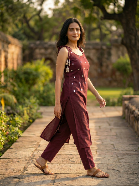 Amthi Wine Linen Straight Co-Ord Set Mirror Work & Cowrie Shell Tassel Dori
