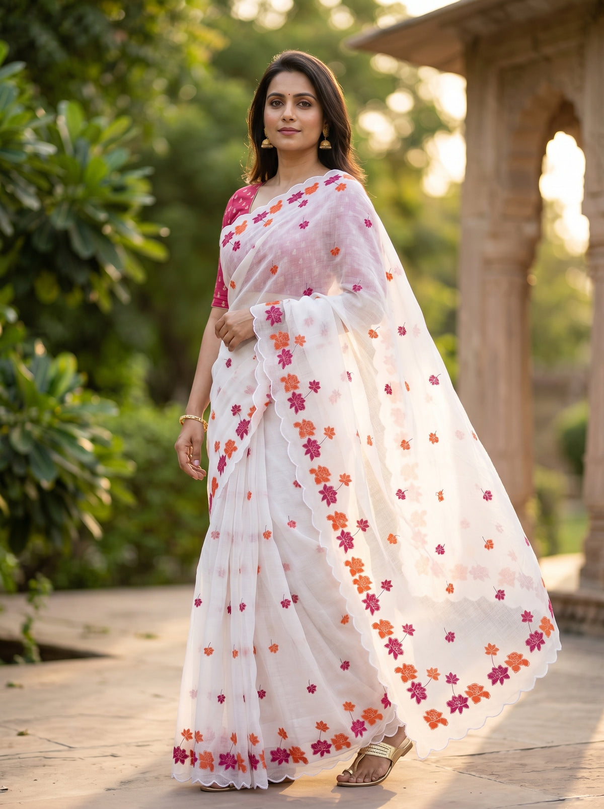 Amthi White Linen Saree with Lotus Floral , Gold Zari Aari Embroidery & Scallop Cut Border