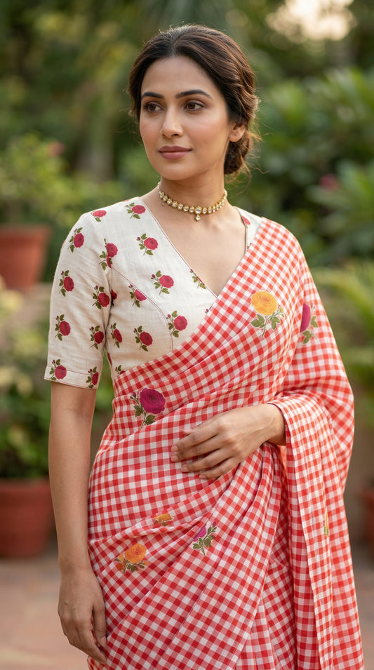 Amthi Women's Checked Linen Saree with Tassels and White Contrast Blouse