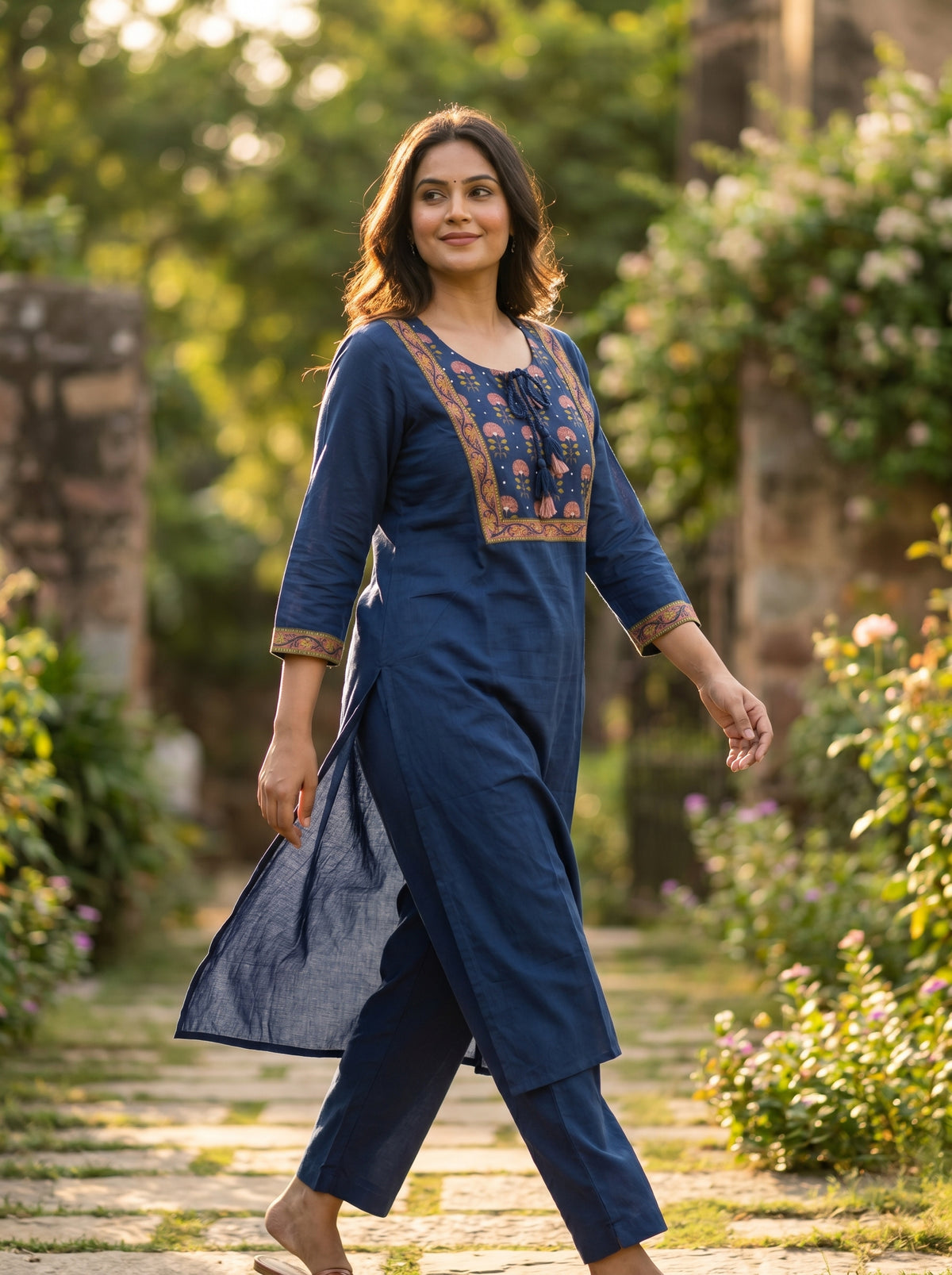Amthi Navy Blue Cotton Straight Kurti for Women | Floral Printed Yoke | Tassel Tie Neck