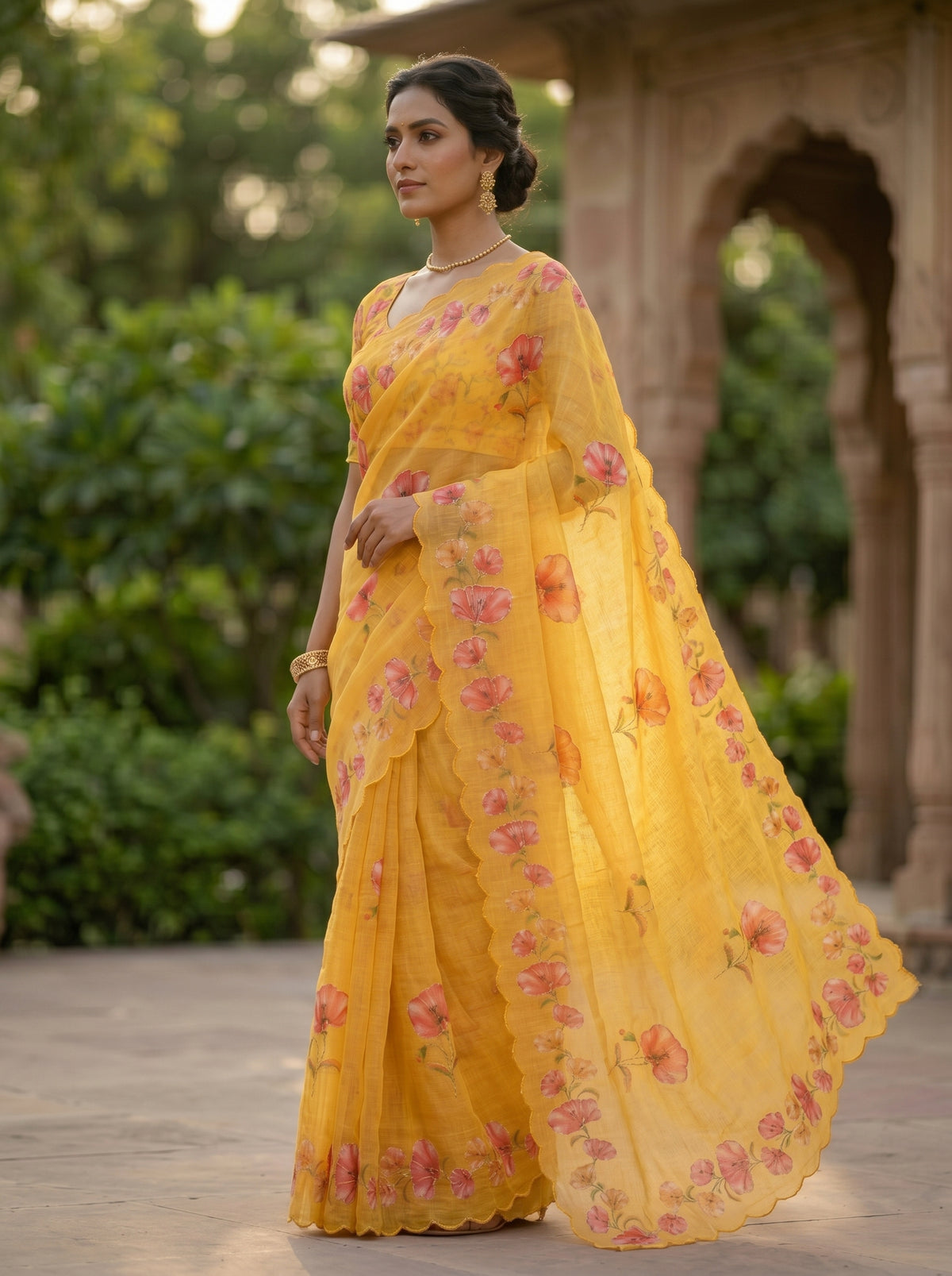 Amthi Yellow Linen Saree with Pink Poppy Floral, Gold Zari Aari Embroidery & Scallop Cut Border