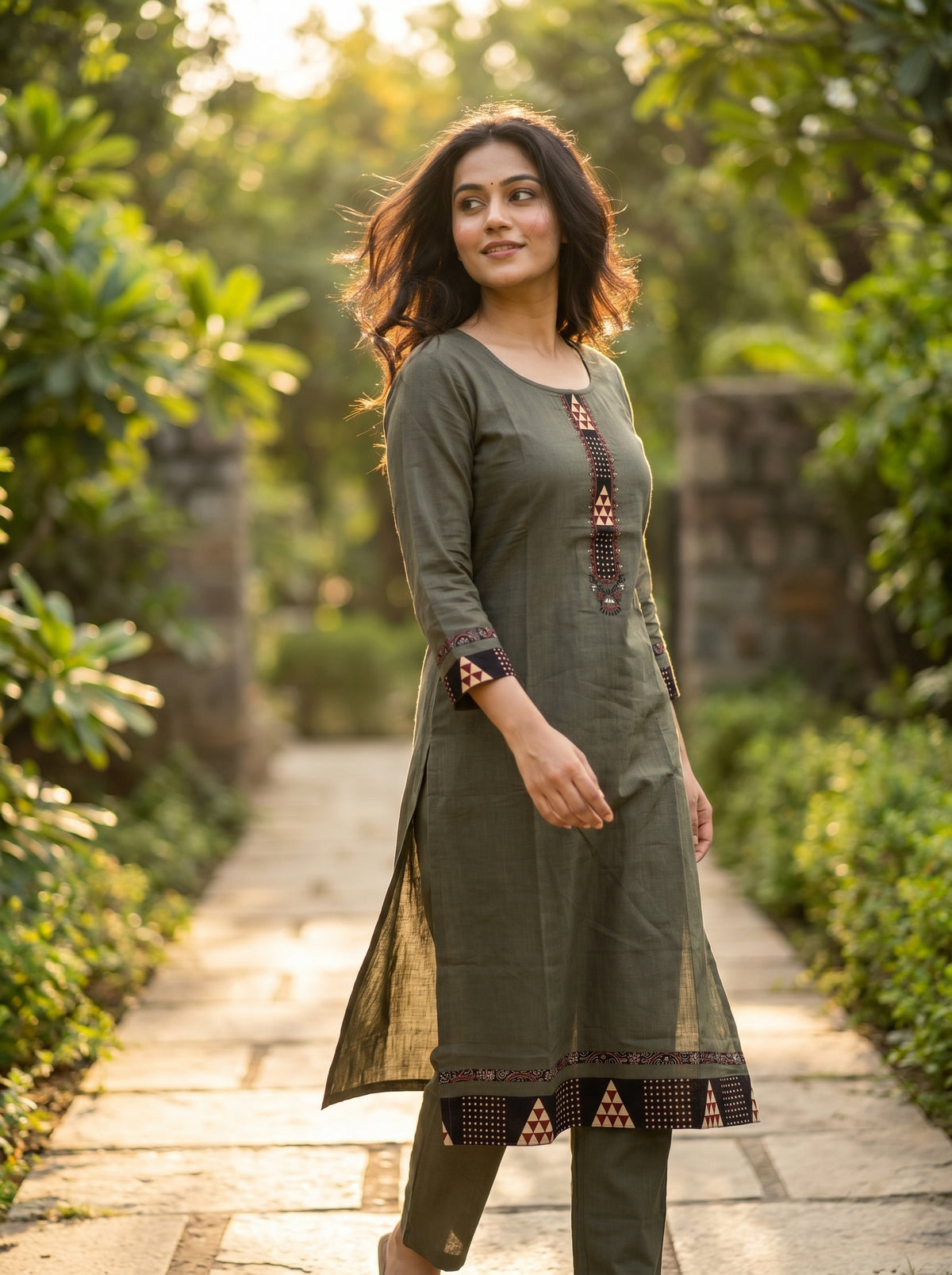 Amthi Sage Green Linen Embroidered Straight Kurta for Women | Daily Wear Kurti