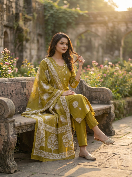 Amthi Women's Mustard Yellow Ethnic Motifs Printed Pure Cotton V-Neck Straight kurta set