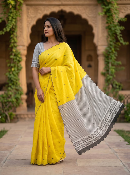 Amthi Yellow Linen Saree with Mirror Work & Scallop Cut Border | Haldi Saree |