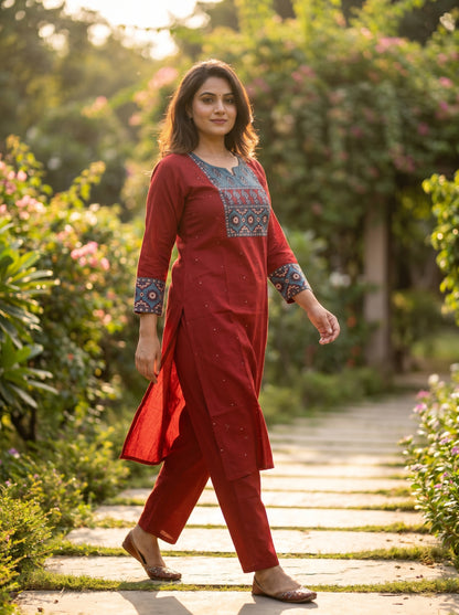 Anthi Maroon Linen Sequin Work Kurta Set for Women