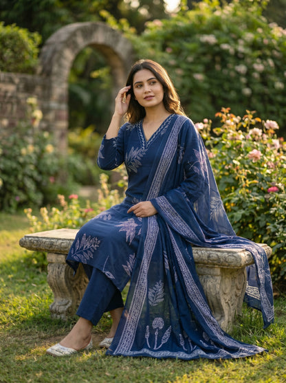 Amthi Women's Navy Blue & White Printed Pure Cotton Kurta with Trousers & Dupatta Set