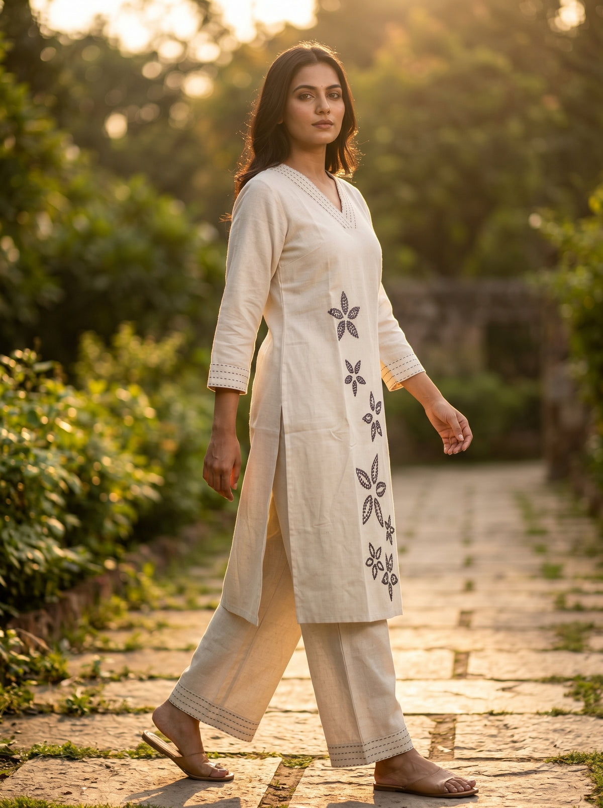 Amthi Off-White Cotton Linen Kurta Set with Thread Embroidery, Kantha Stitch & Side Pocket Pant