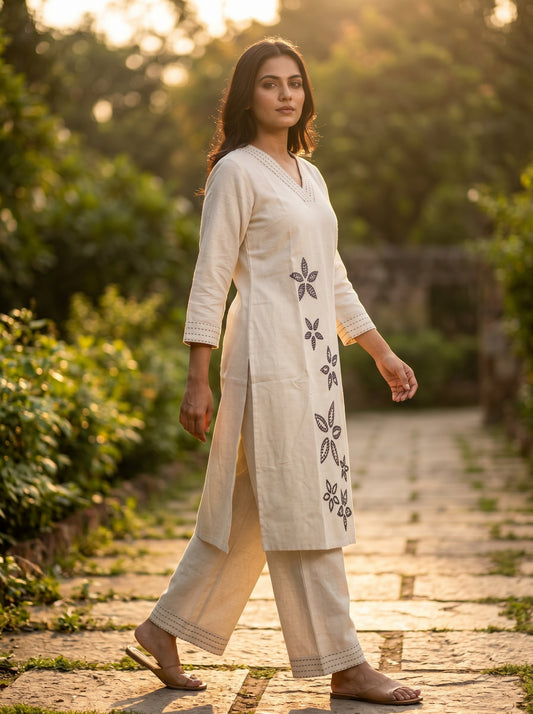 Amthi Off-White Cotton Linen Kurta Set with Thread Embroidery, Kantha Stitch & Side Pocket Pant