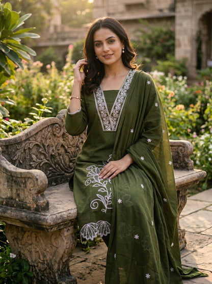 Amthi Women's Olive Green Floral Embroidered Pure Cotton Kurta Set