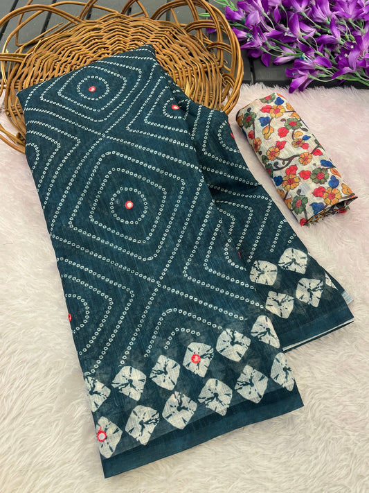 Amthi Cotton Linen Teal Print Mirror Work Kalamkari Tessel Pallu Saree