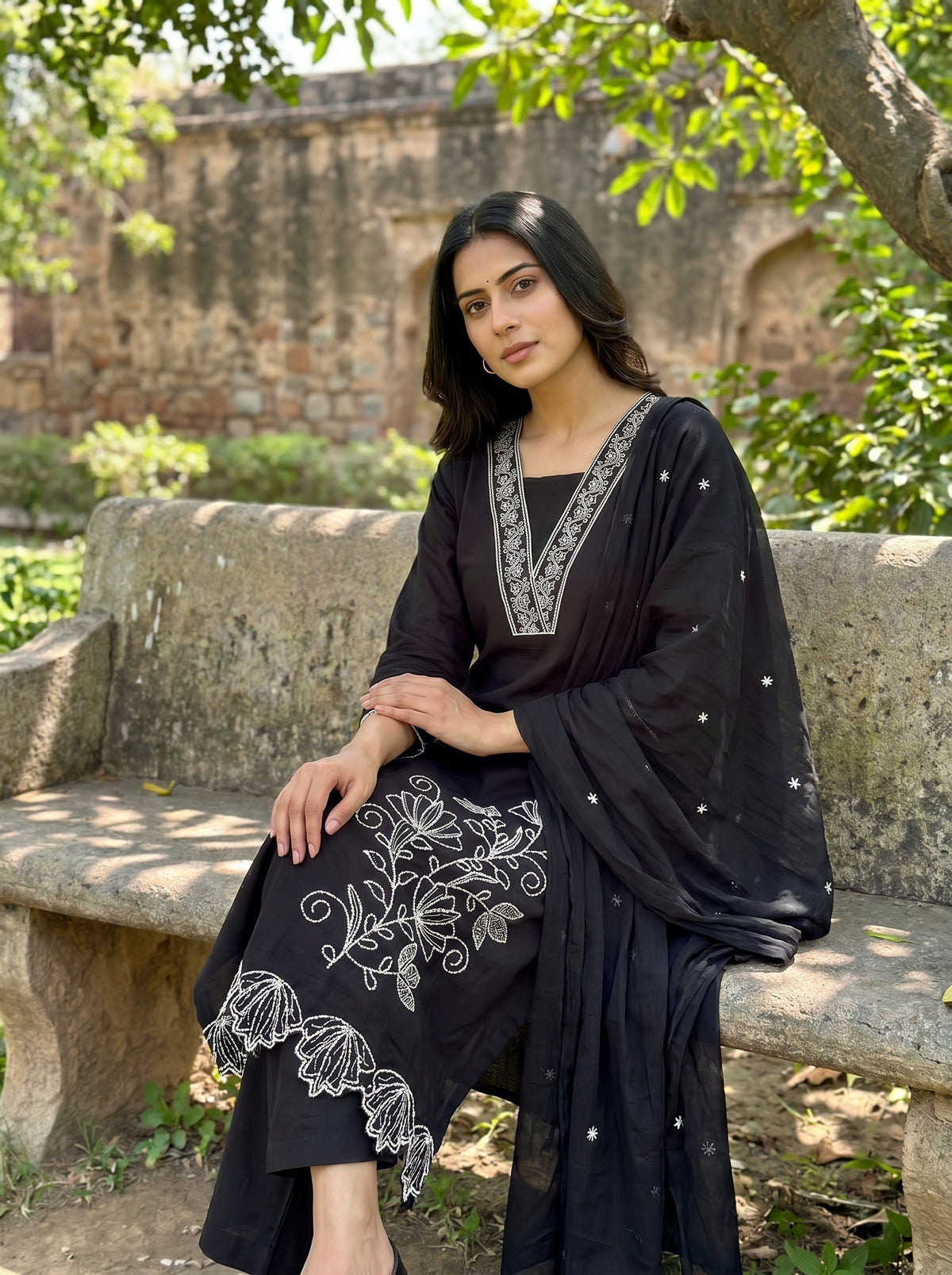 Amthi Women's Black Pure Cotton Embroidered Straight Kurta with Trousers and Dupatta Set