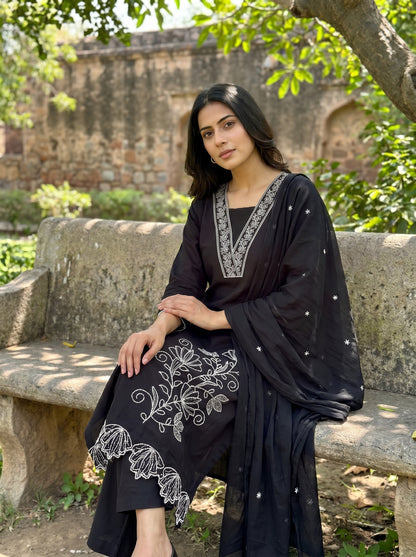 Amthi Women's Black Pure Cotton Embroidered Straight Kurta with Trousers and Dupatta Set