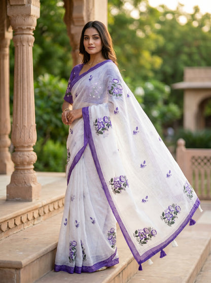 Amthi White Linen Saree with Purple Floral Print | Aari Mirror Work