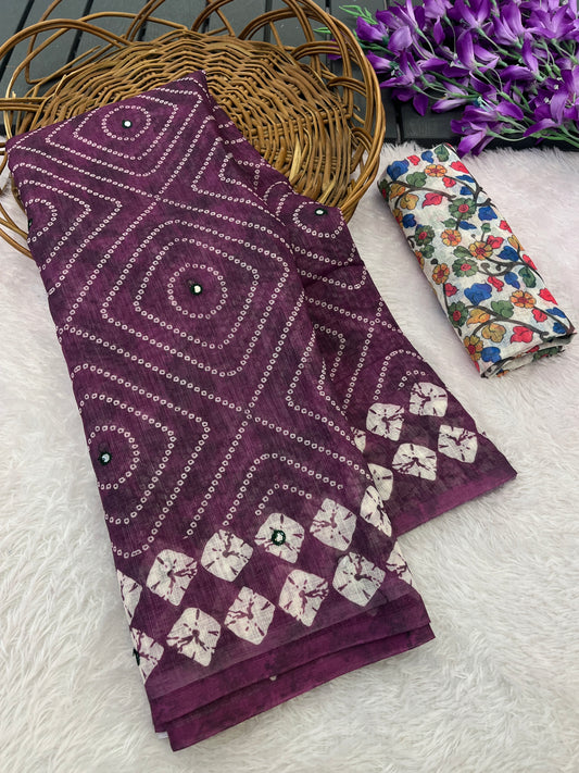 Amthi Cotton Linen Wine Print Mirror Work Kalamkari Tessel Pallu Saree