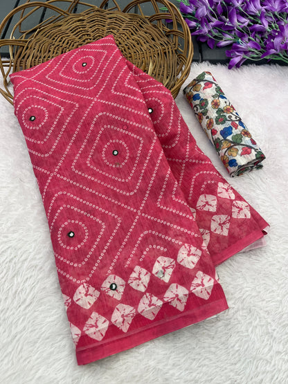 Amthi Cotton Linen Pink Print Mirror Work Kalamkari Tessel Pallu Saree
