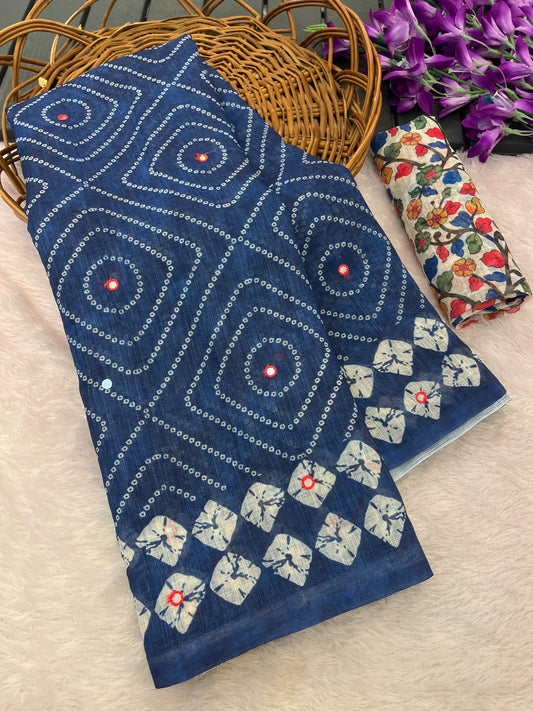 Amthi Cotton Linen Blue Print Mirror Work Kalamkari Tessel Pallu Saree