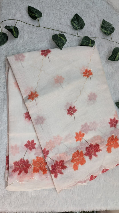 Amthi White Linen Saree with Lotus Floral , Gold Zari Aari Embroidery & Scallop Cut Border