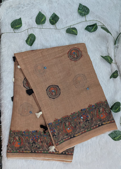 Light Brown Linen Saree with Kalamkari Circular Medallion Print & Mirror Work