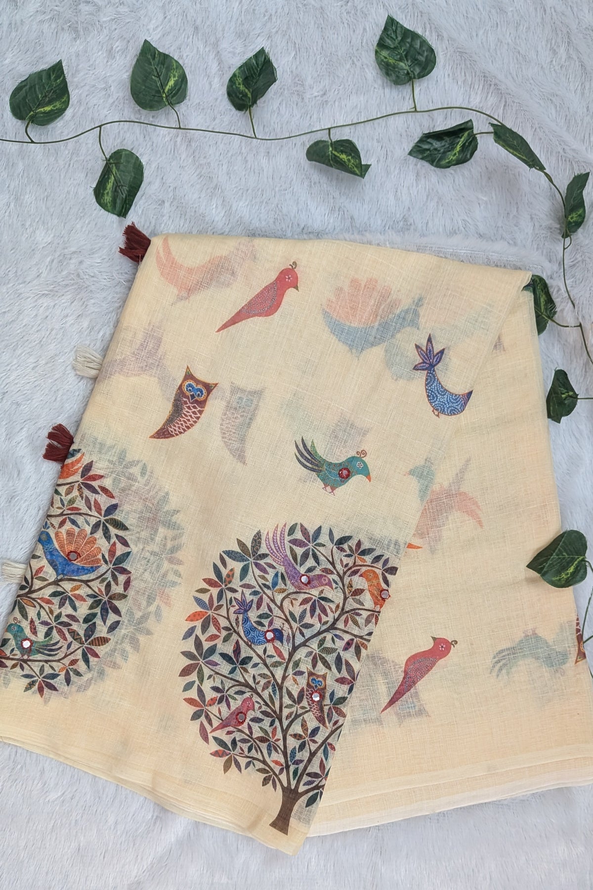 Amthi Cream Pure Linen Saree with Tree of Life & Colourful Bird Print | Tassel Pallu