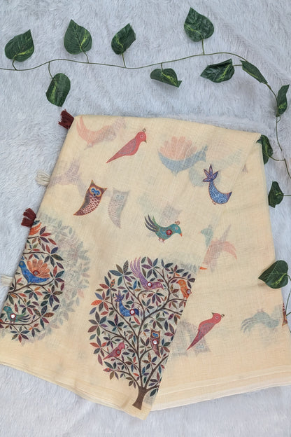 Amthi Cream Pure Linen Saree with Tree of Life & Colourful Bird Print | Tassel Pallu