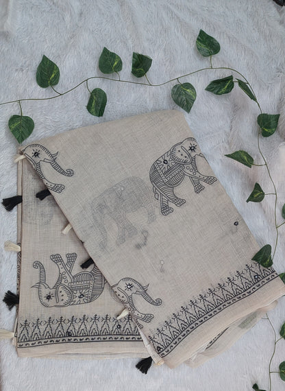 Amthi Off White Pure Linen Saree with Elephant Block Print, Mirror Work & Tribal Border