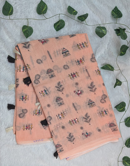 Amthi Peach Linen Saree with Warli Tribal Print, Mirror Work Border