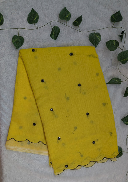 Amthi Yellow Linen Saree with Mirror Work & Scallop Cut Border | Haldi Saree |