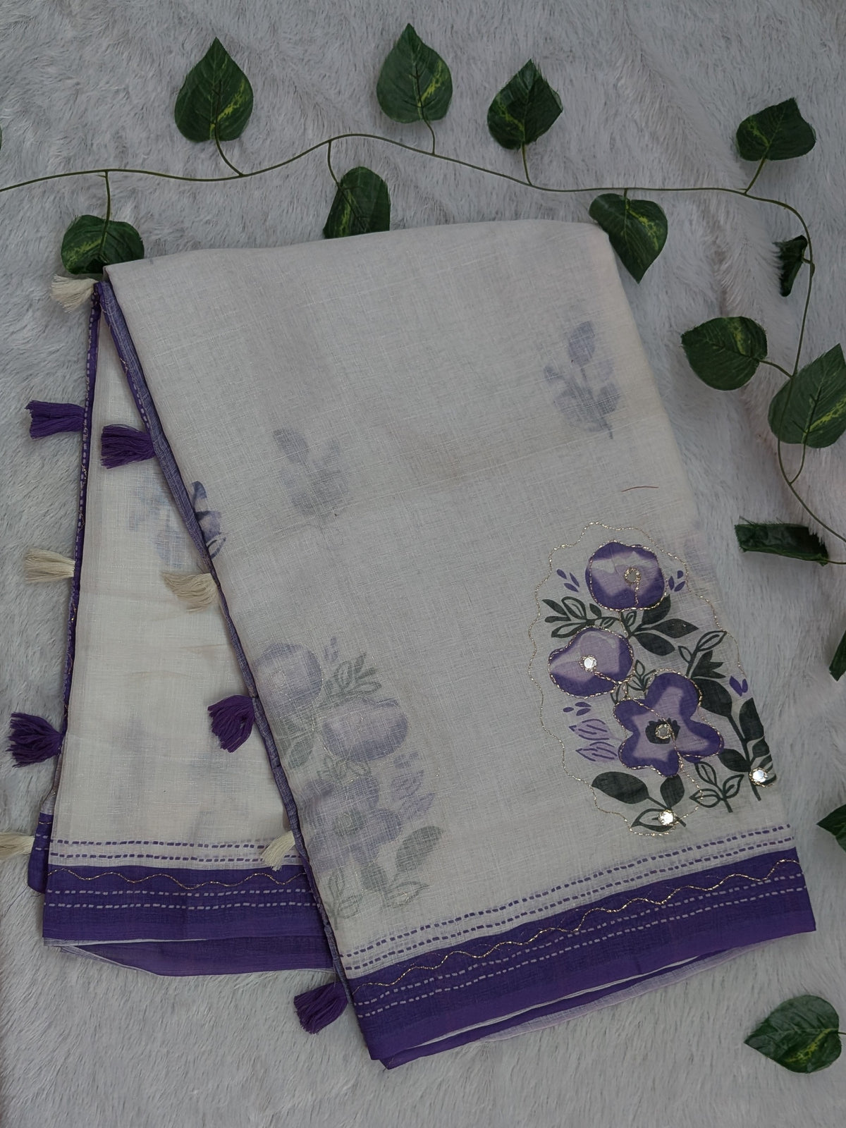 Amthi White Linen Saree with Purple Floral Print | Aari Mirror Work
