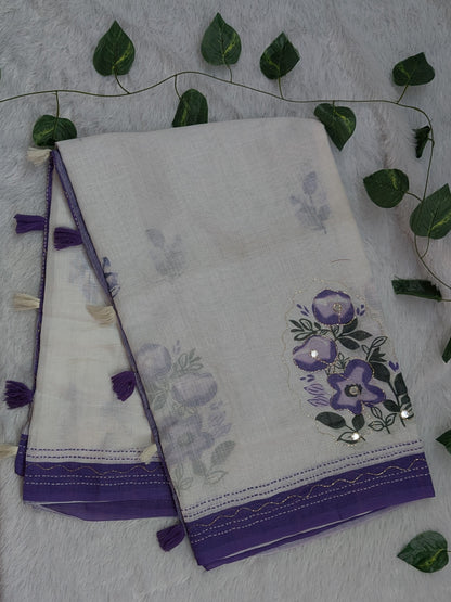 Amthi White Linen Saree with Purple Floral Print | Aari Mirror Work
