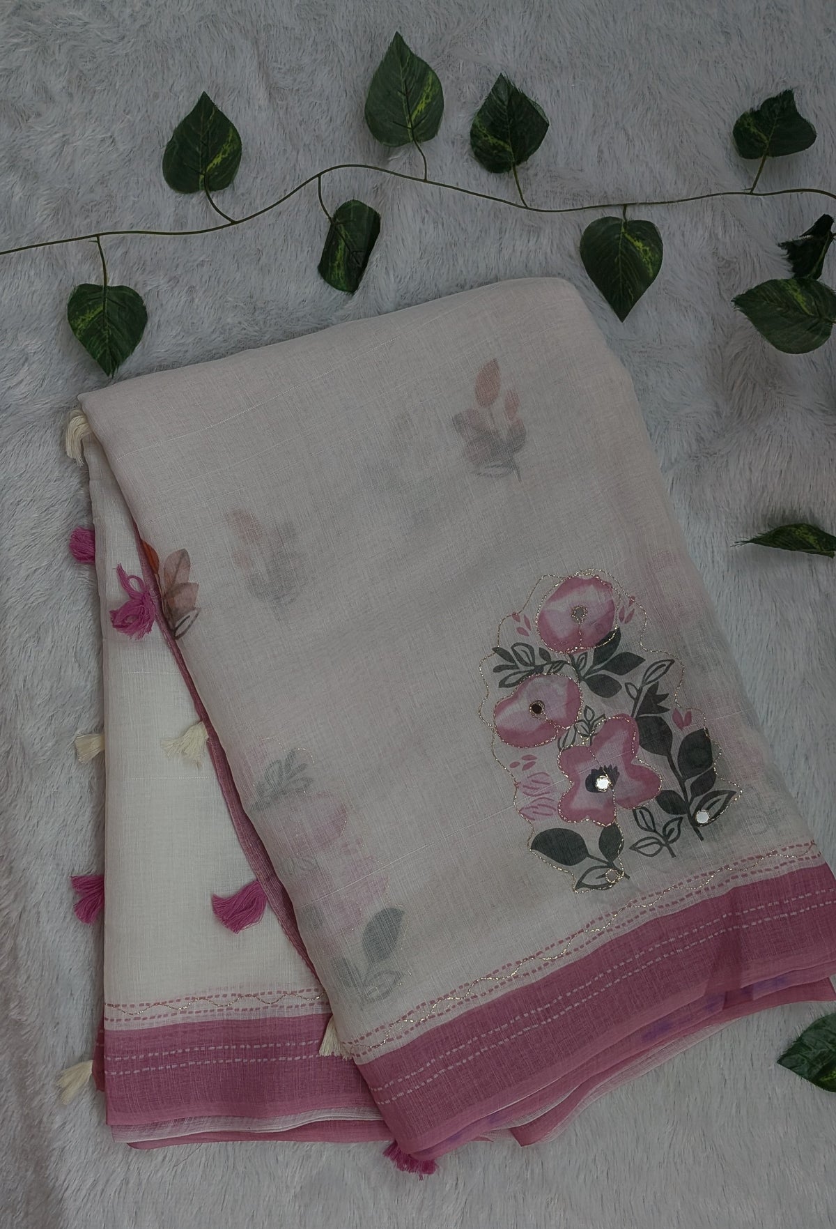 Amthi White Linen Saree with Pink Floral Print | Aari Mirror Work | Gold Thread Embroidery | Tassel Pallu