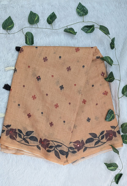 Amthi Light Brown Pure Linen Saree with Floral Vine Block Print & Mirror Work | Tassel Pallu