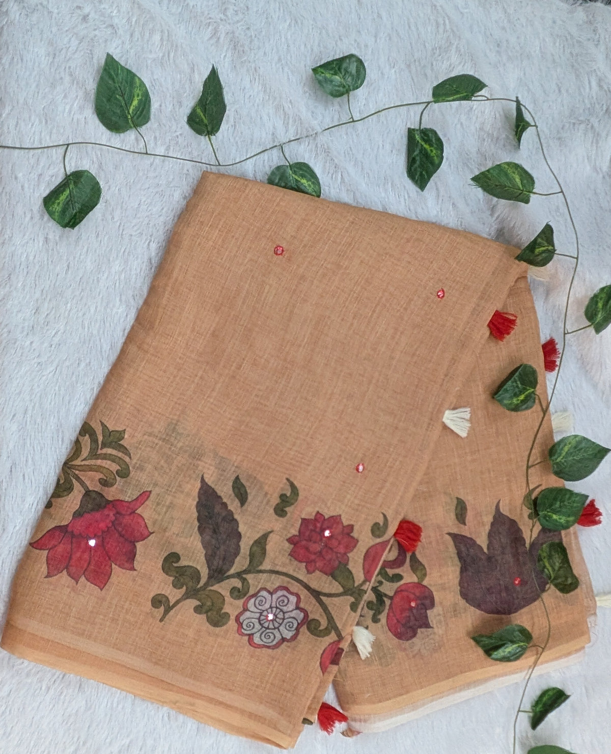 Amthi Linen Saree with Running Blouse Piece | Floral Digital Print| Tassel Pallu