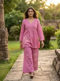 Amthi Baby Pink Pure Linen Co-ord Set — Short Kurti & Wide Leg Pants