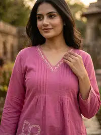Amthi Baby Pink Pure Linen Co-ord Set — Short Kurti & Wide Leg Pants