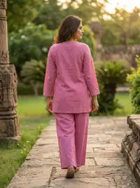 Amthi Baby Pink Pure Linen Co-ord Set — Short Kurti & Wide Leg Pants
