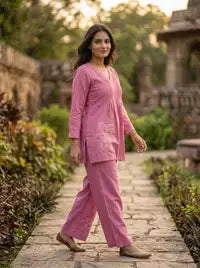 Amthi Baby Pink Pure Linen Co-ord Set — Short Kurti & Wide Leg Pants