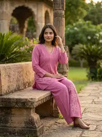 Amthi Baby Pink Pure Linen Co-ord Set — Short Kurti & Wide Leg Pants