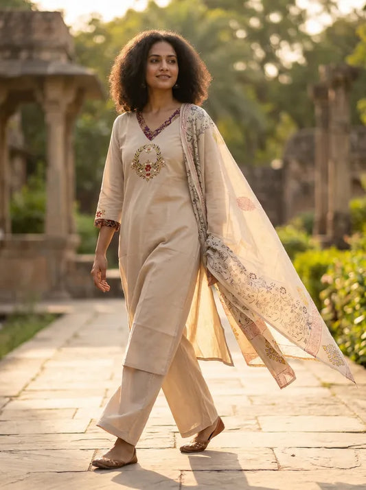 Amthi Beige Pure Cotton Kurta Set with Floral Embroidery & Block Print Dupatta