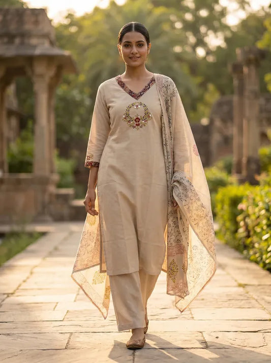 Amthi Beige Pure Cotton Kurta Set with Floral Embroidery & Block Print Dupatta
