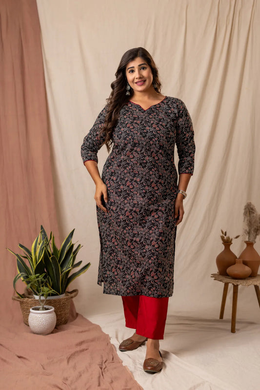 Amthi Black Pure Cotton Printed Kurti with Elegant Maroon Piping