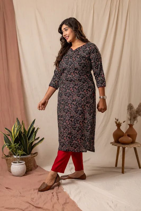 Amthi Black Pure Cotton Printed Kurti with Elegant Maroon Piping
