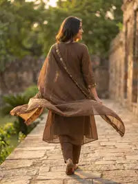 Amthi Chocolate Brown Pure Cotton Anarkali Suit Set | Sweetheart Neck