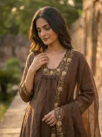 Amthi Chocolate Brown Pure Cotton Anarkali Suit Set | Sweetheart Neck