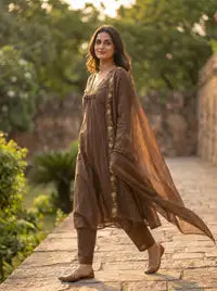 Amthi Chocolate Brown Pure Cotton Anarkali Suit Set | Sweetheart Neck