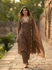 Amthi Chocolate Brown Pure Cotton Anarkali Suit Set | Sweetheart Neck