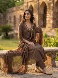 Amthi Chocolate Brown Pure Cotton Anarkali Suit Set | Sweetheart Neck