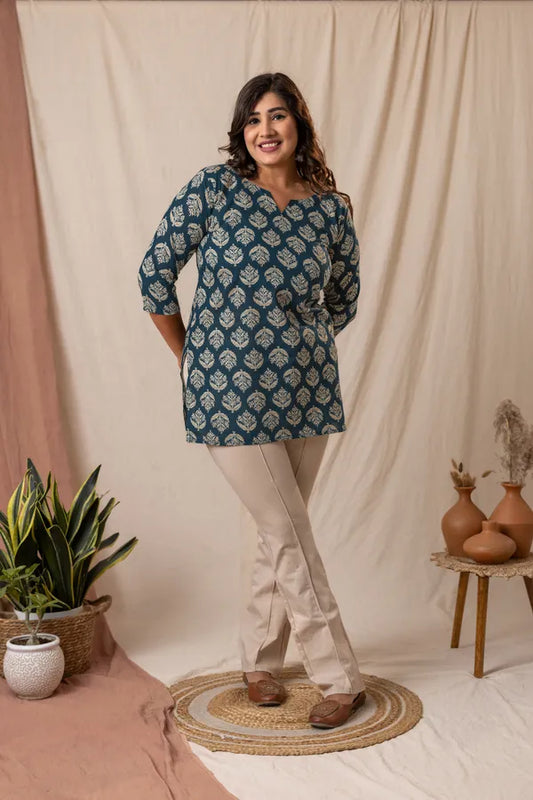 Amthi Teal Floaral Block Print Short Kurti | Daily Causual Wear Tunic For Women