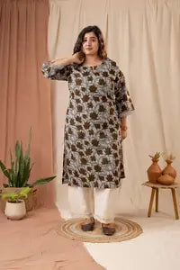 Amthi Lotus Kalamkari Brown Print Straight Cotton Kurta