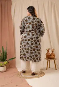 Amthi Lotus Kalamkari Brown Print Straight Cotton Kurta