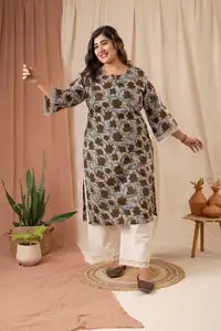 Amthi Lotus Kalamkari Brown Print Straight Cotton Kurta